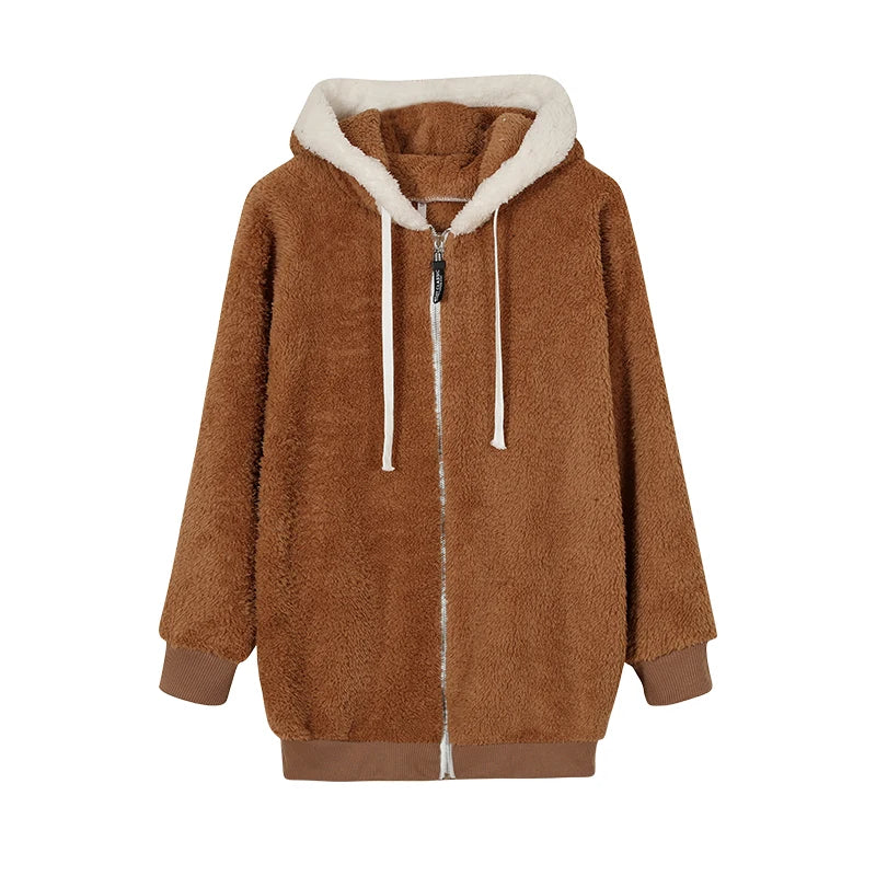 Khaki Plush Zipper Hooded 