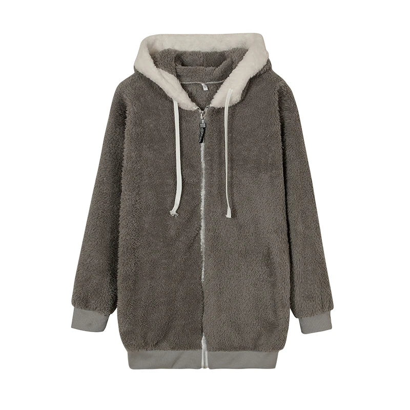 Khaki Plush Zipper Hooded 