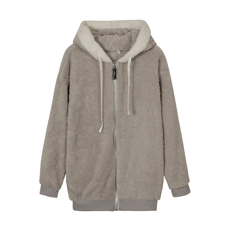 Khaki Plush Zipper Hooded 