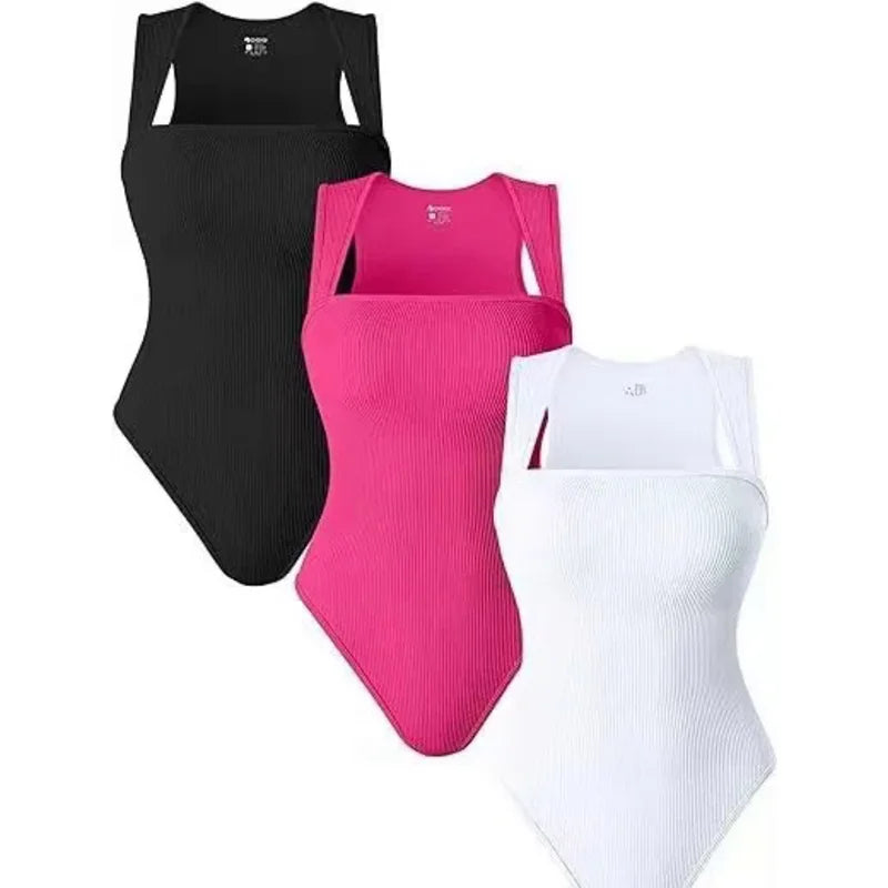 Women'S 3 Piece Bodysuits Sexy Ribbed Strappy Square Neck Sleeveless Body Control Abdomen Tops for Women High Quality Bodysuits